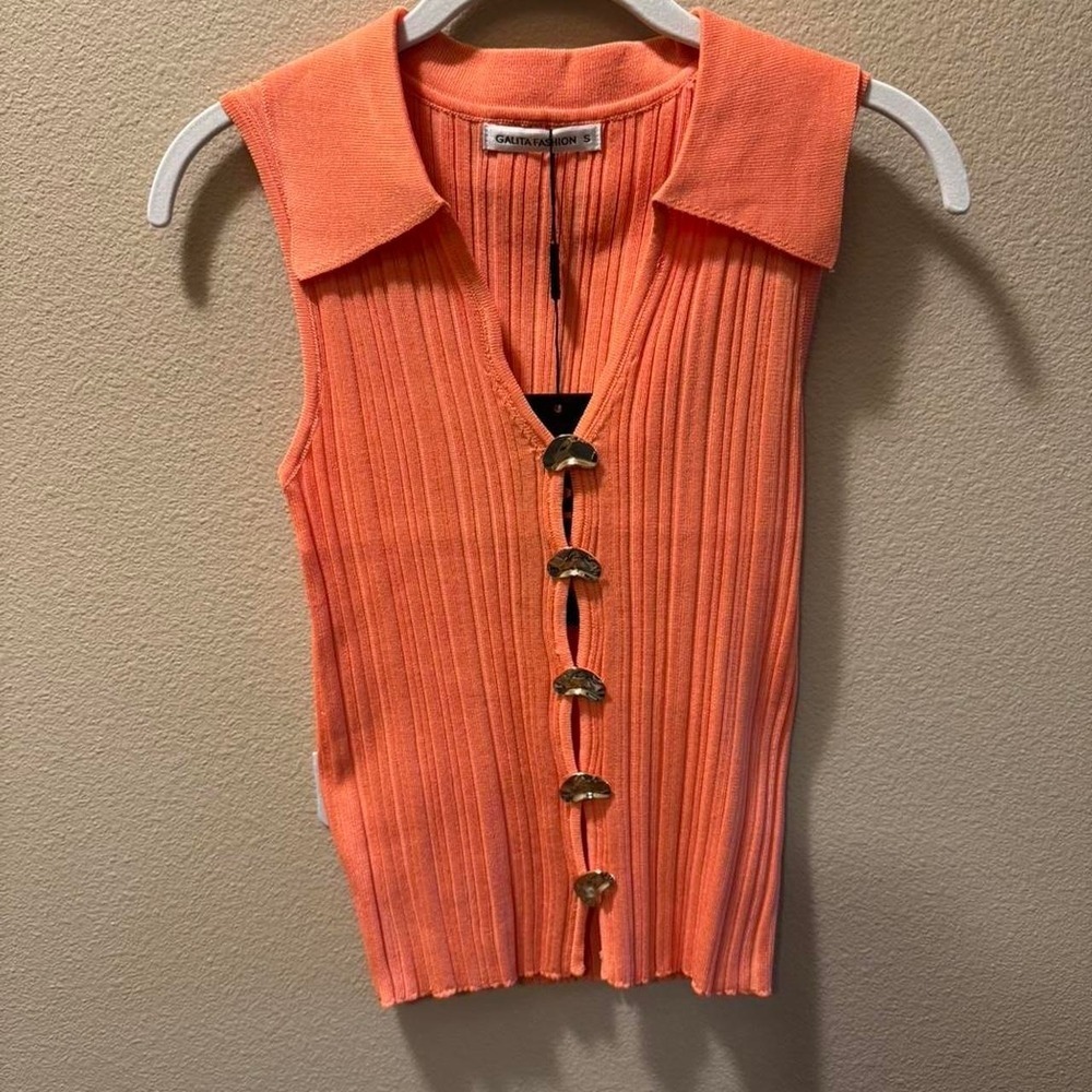 GALIT by Galit Krieger orange ribbed knit sleeveless top with button detail - S